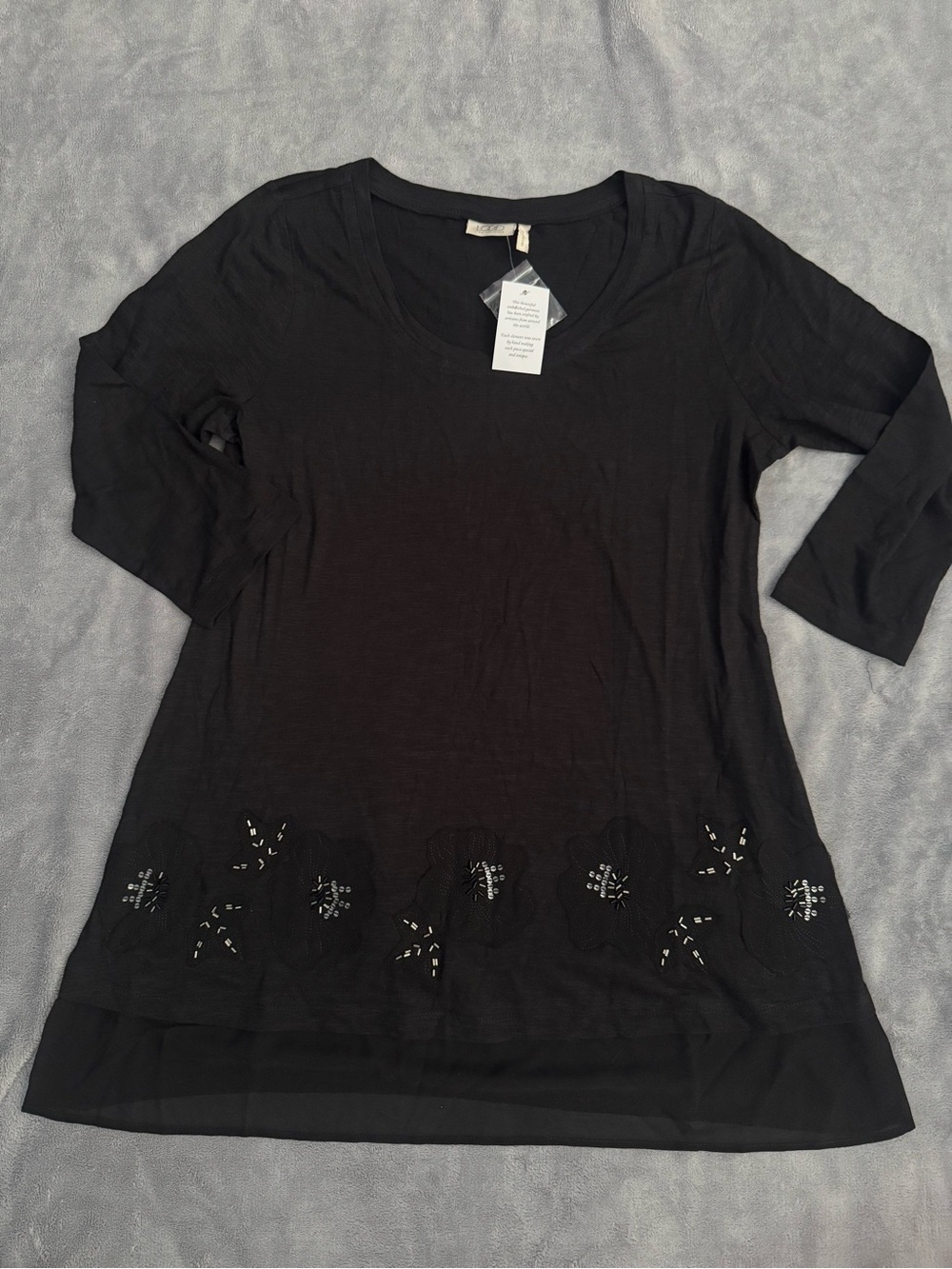 LOGO Lori Goldstein Black Floral Appliqué Beaded Chiffon Hem Tunic Top S